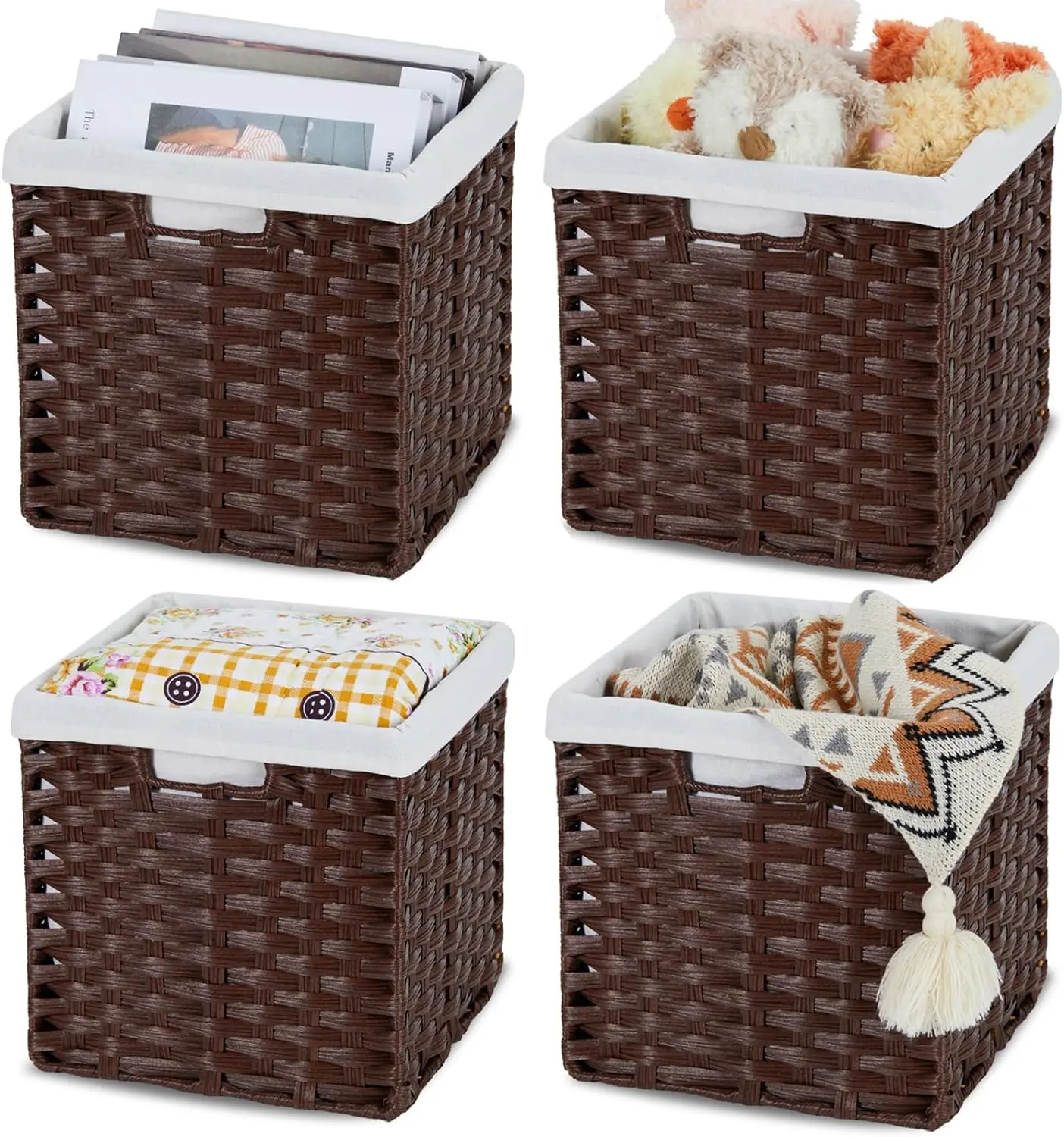 

Wicker Cube Storage Bins with Liners 11x11 inch Woven Baskets for Organizing 4-Pack Waterproof Imitation Rattan Woven