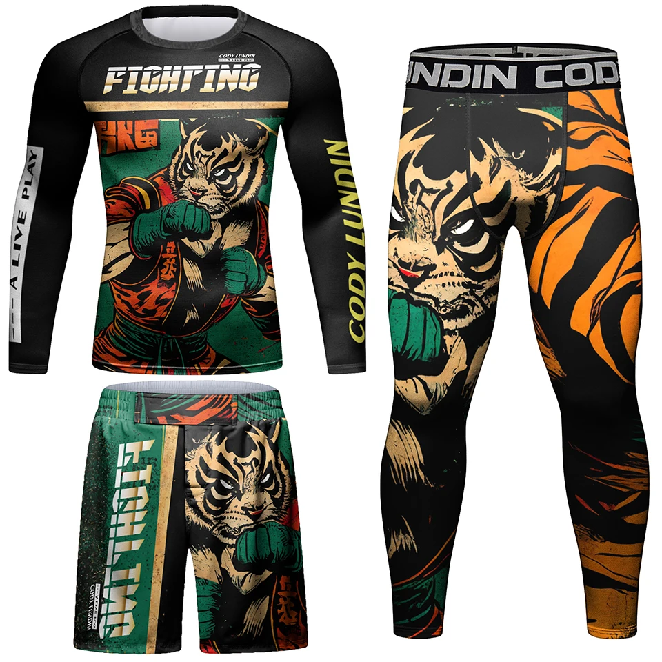 Boxing Sportsuits MMA Rashguard T-shirt+Shorts 4pcs/set Muay Thai Suit Bjj Kickboxing Men Competition Sport Training Combat Wear