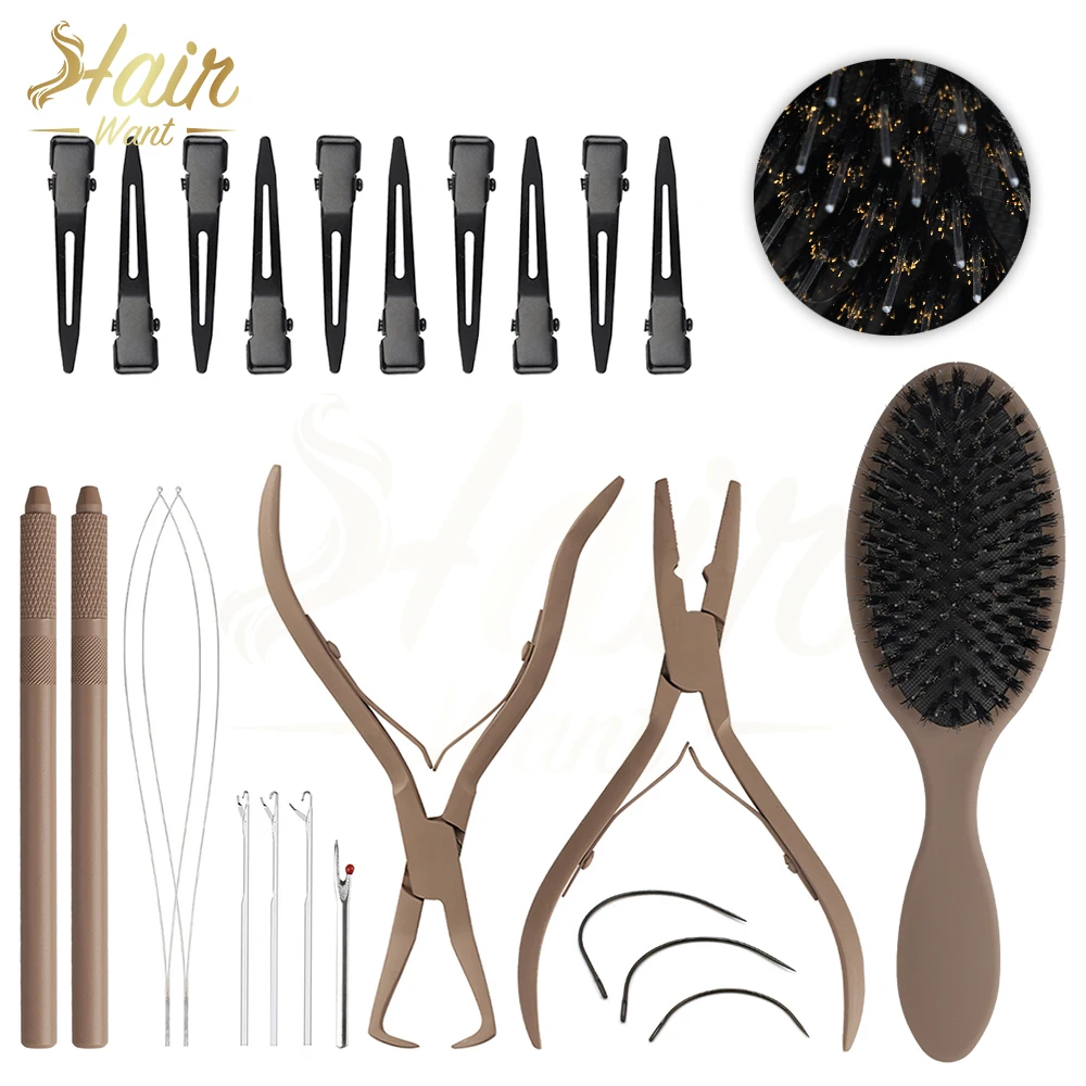 Hair Want Hair Extensions Tool Kit Pro With Microlink Pliers Nylon and Boar Bristle Hair Brush Hair Loop Tool Seam Ripper