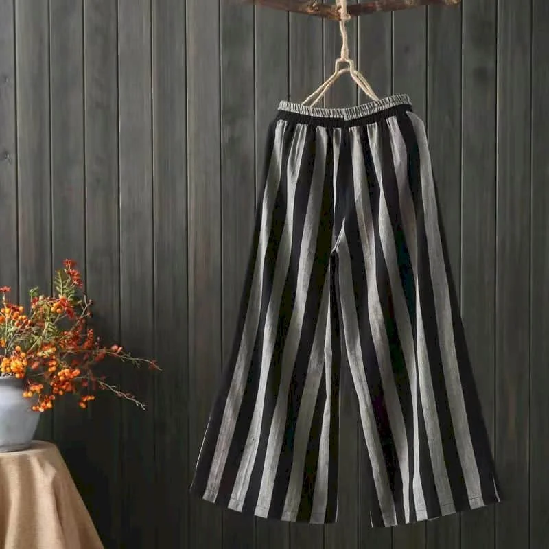 Cotton Linen Pants wide leg Pants Women Vintage Harajuku Korean Fashion Elastic Waist Trousers Women Clothing Loose Casual Pants