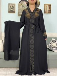 Muslim Chiffon Abayas For Women 2024 Dubai Islam Loose Fit  Femme Robe Long Sleeved Diamond Studded Solid Color With Belt Turban