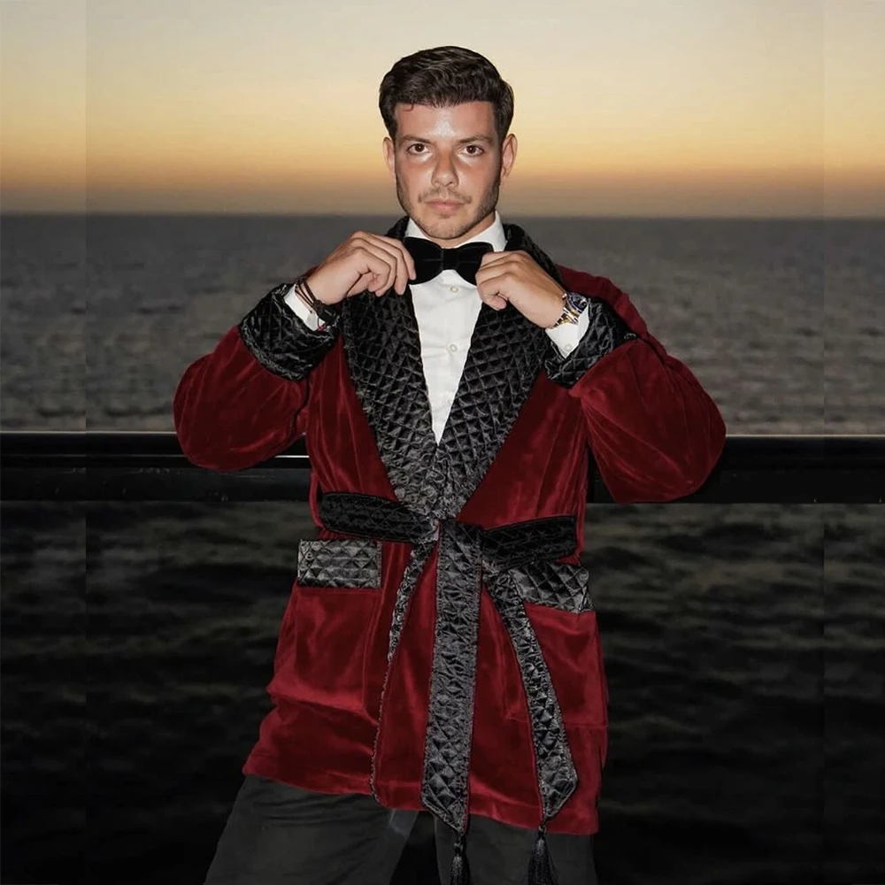 

Casual Daily Men's Suits Smoking Belt Black Shawl Lapel 2 Piece Jacket with Black Pants High Quality Male Clothing Costume Homme