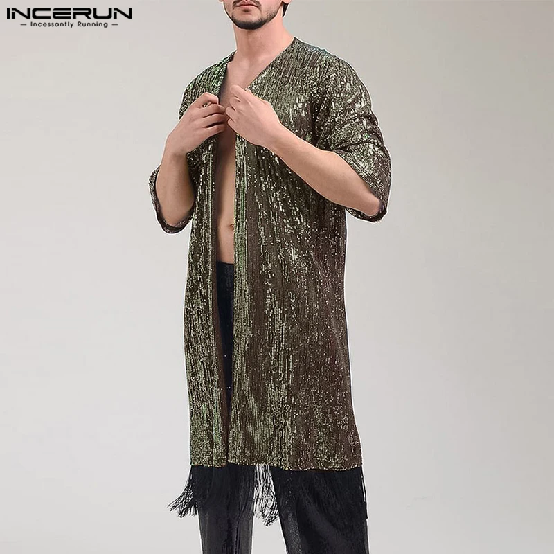 INCERUN Tops 2025 American Style Men's Fashion Sexy Flash Splicing Tassel Shirts Casual Thin Cardigan Long Sleeved Blouse S-5XL