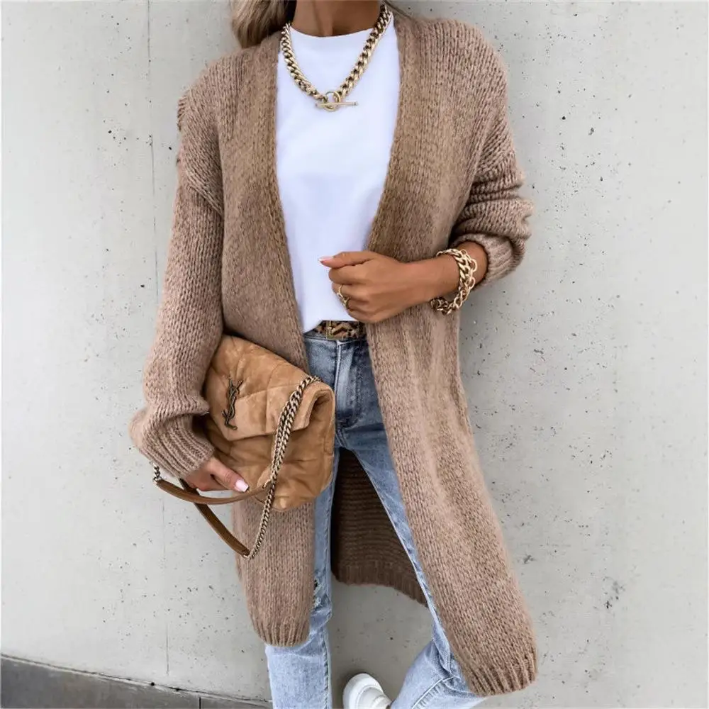 

Ele Осенний длинный вязаный кардиган, свитер, женский шерстяной фонарь, све, открытый кардиган, трикотаж Sli