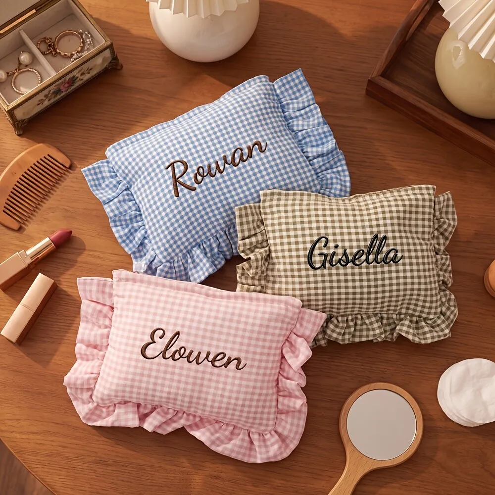 Custom Name Plaid Ruffle Edge Cosmetic Bag, Korean Daily Pleated Lace Makeup Pouch, Prefect Gift for Bridesmaid & Beach Vacation