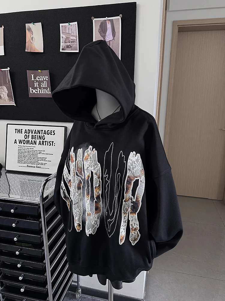 

Ретро-американское худи с кружевной вышивкой, женская свободная кофта с длинными рукавами, осенне-зимняя новинка, удобный хлопковый свитшот