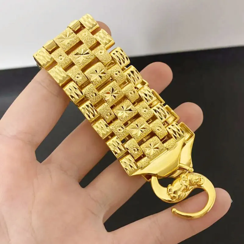 

Роскошный браслет-цепочка для мужских часов из чистого золота 24K 9999 пробы, прочный, с широким циферблатом и узором в виде рисовых зерен.