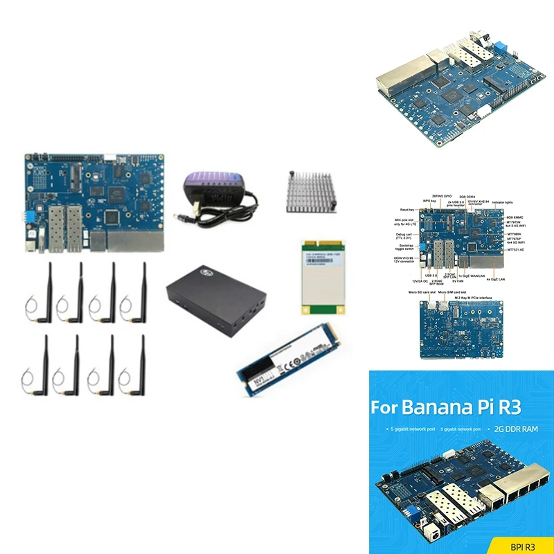 

For Banana PI BPI-R3 MT7986 2G+8G EMMC Development Board With 256G SSD+4G Module+Case+8Xantennas+Heat Sink+Power