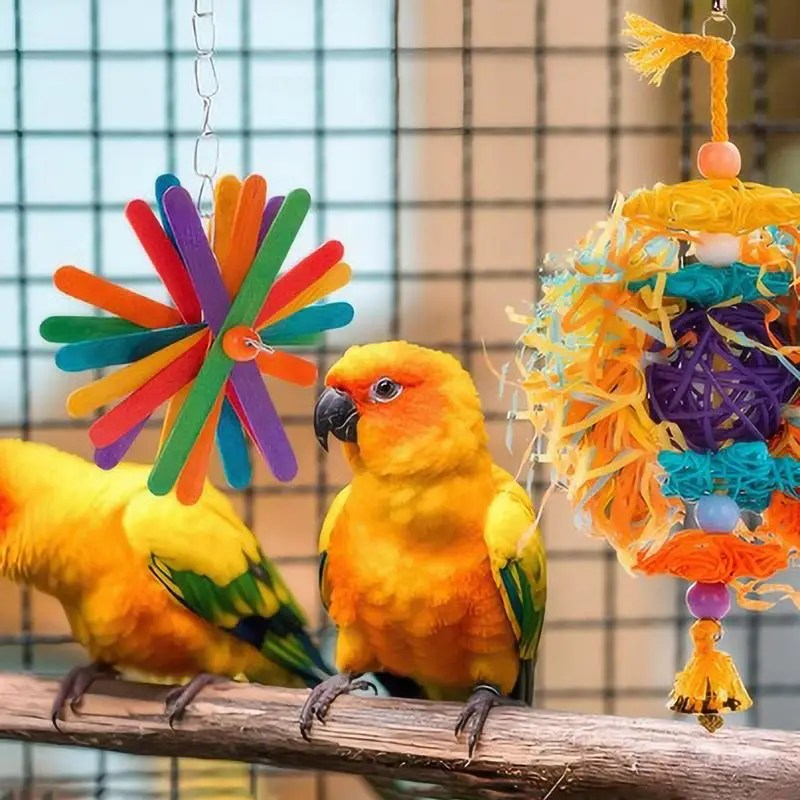 5pcs/Set Parrot Chew Toys Bird Toys For Cage Cotton Rope Rattan Ball Colorful Shredded Paper For Cockatiels Budgie Finch