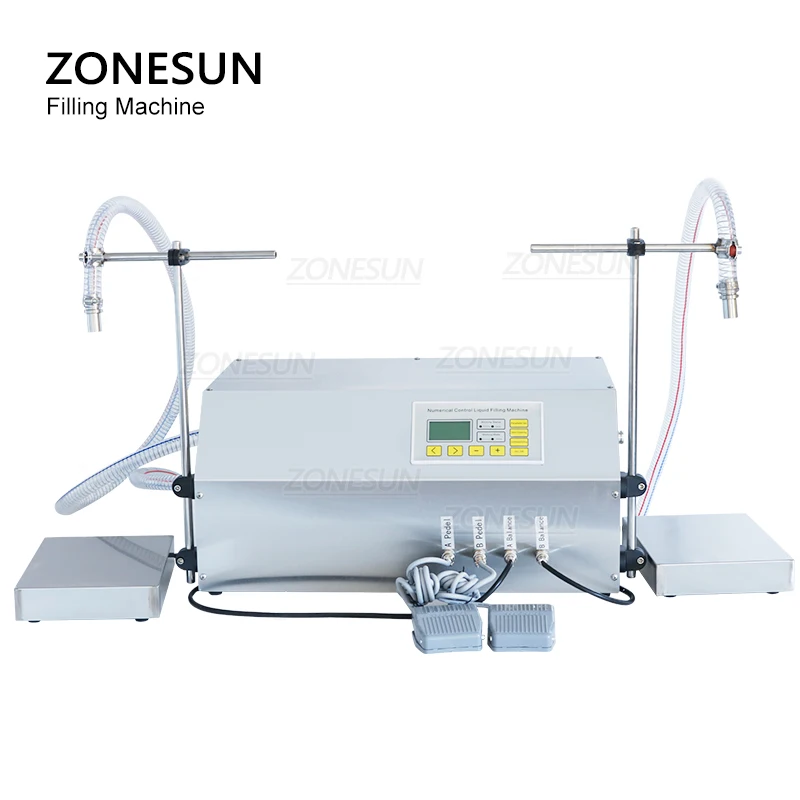 ZONESUN ZS-GP262W 2 Heads Weighing Filling Machine Auto Gear Pump Liquid Filler for Edible Oil Juice Milk Water Bottle Packing