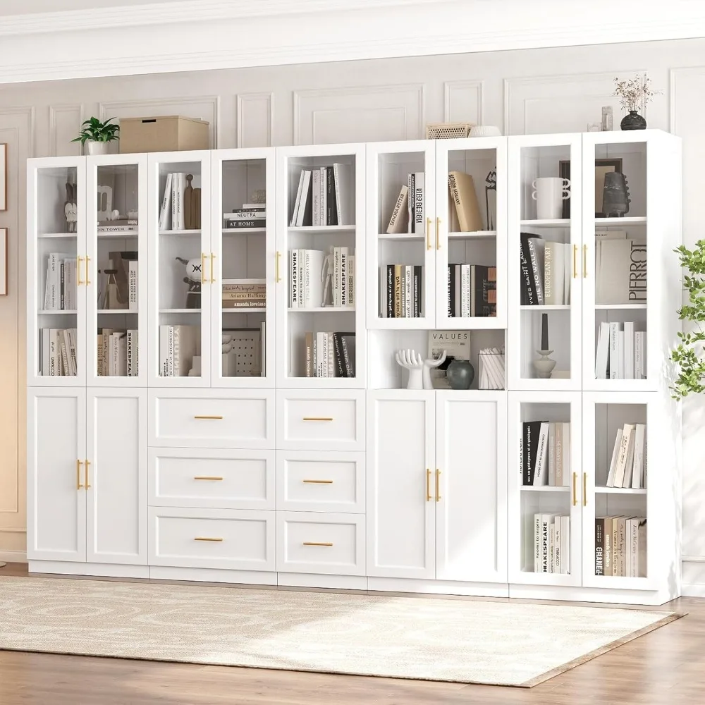 

Bookcase ,with Glass Doors & Drawers, 5 Tier Bookshelf with Adjustable Shelf, Modern Large Storage Display Cabinet Set