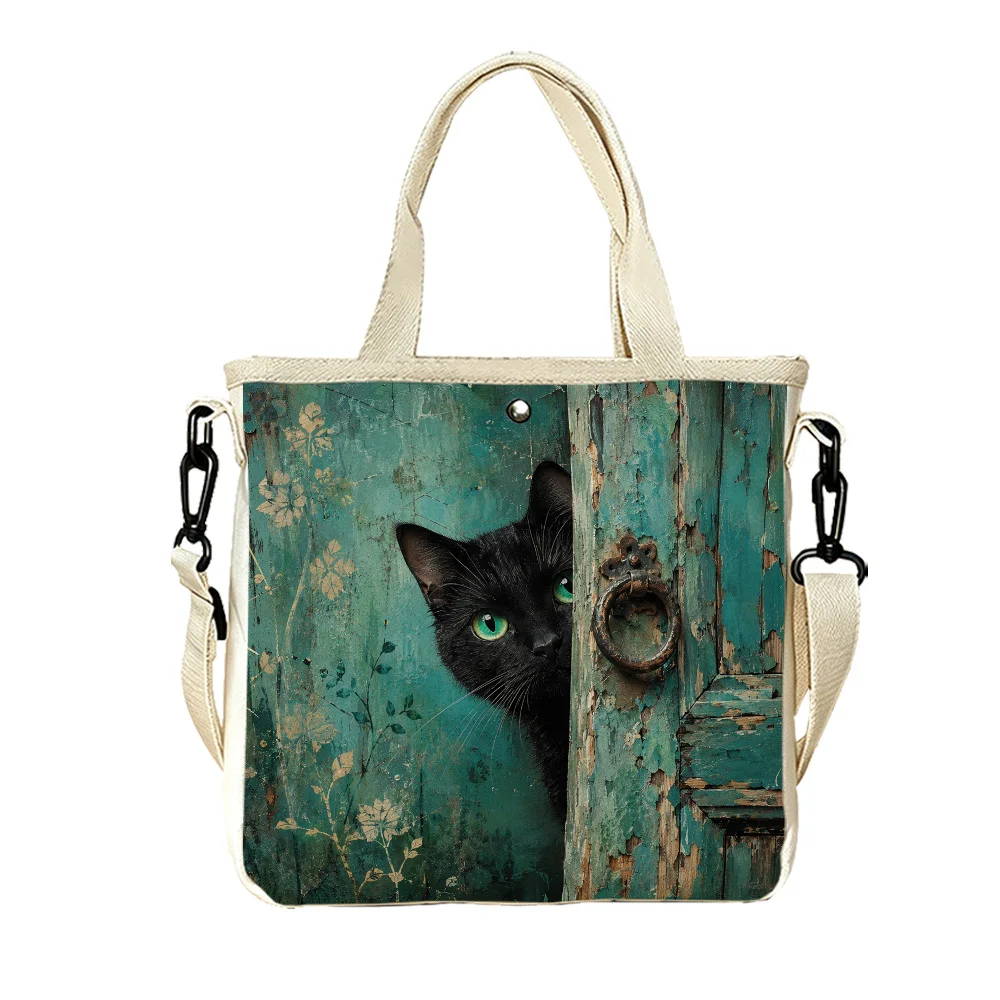 cat peeks through door Women Double-Sided Printed Canvas Tote Bag Removable Crossbody Strap Lightweight for Short Trips
