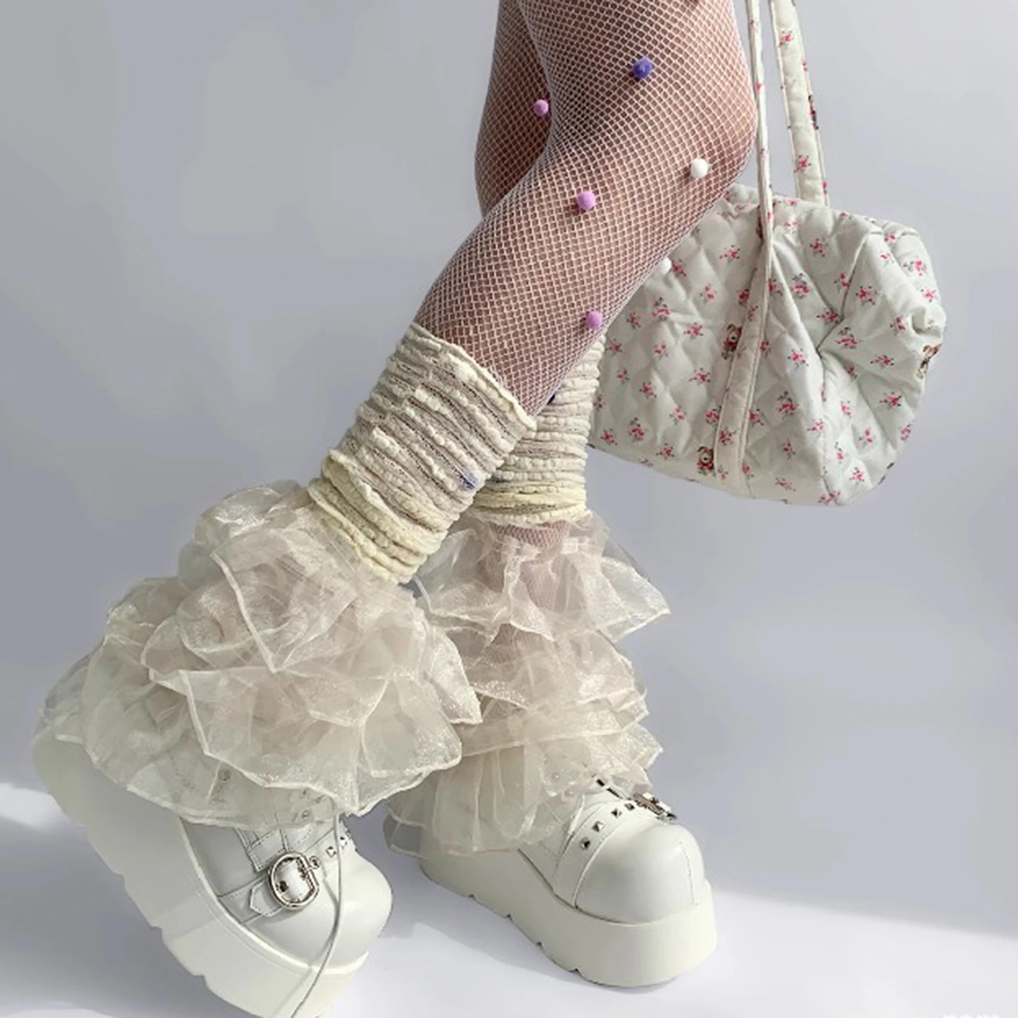 여성용 레이스 트리밍 레그 워머 파티 및 스트리트웨어 패션을 위한 패치워크 디자인의 세련된 주름형 종아리 커버