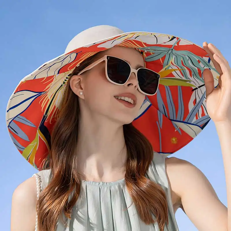 18cm Large Brim Women Sun Hat Luxury Double Sided Wearable Plant Printing Cotton Bucket Cap Light Breathable Summer Top Hat