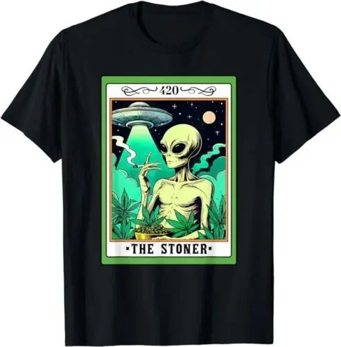 

UFO Alien Smoking Cannabis Weed 420 The Stoner Tarot Card T-Shirt