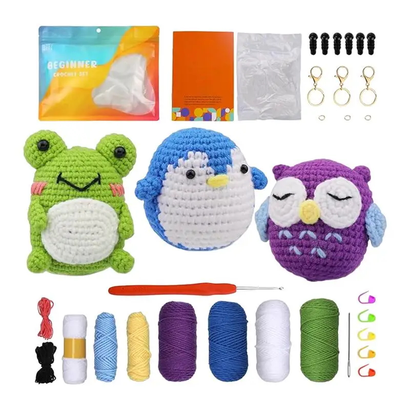 

Beginner Knitting Kit 3 Pattern Animals Owl Penguin Frog Crochet Kit Crafts for Home Kids Handmade Plush Toys