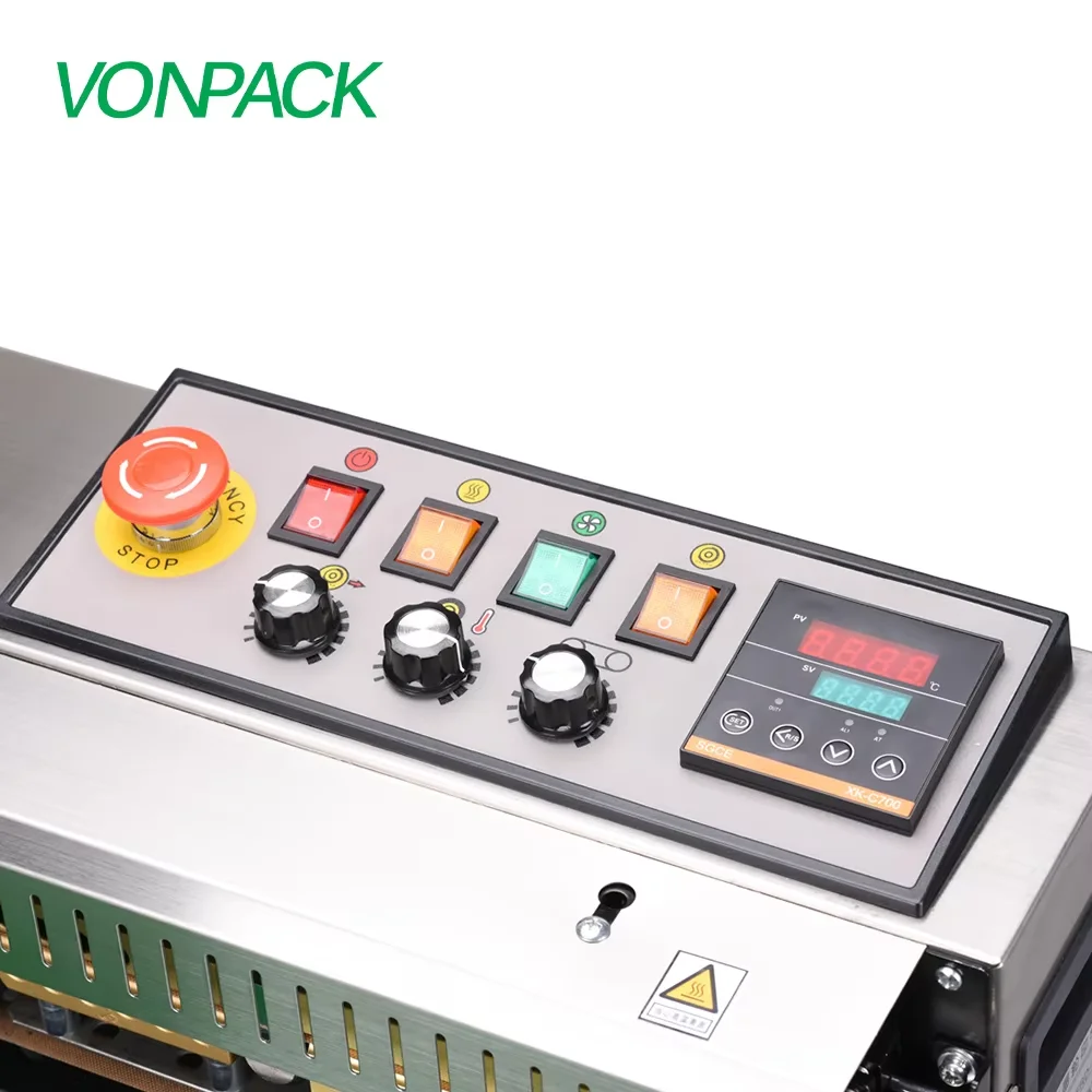 VONPACK FR-1000 ماكينة ختم شريط الطاولة الأوتوماتيكية من الفولاذ المقاوم للصدأ ماكينة ختم شريط المصنع المستمر تاريخ الطباعة