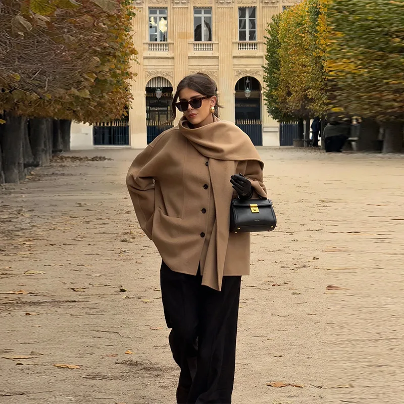 秋冬スカーフ襟ショートコート女性シックなカーキシングルブレストウールルーズジャケット新しい女性オフィス通勤日常アウター