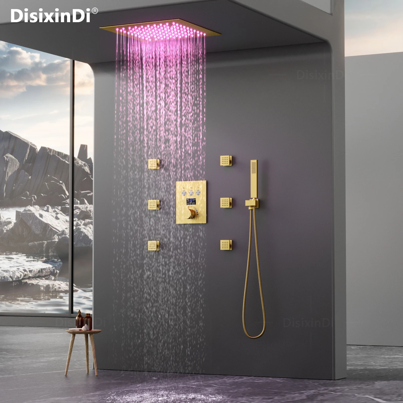 

Ceiling Mounted Thermostatic Digital Display Shower Faucet Set 580*380mm LED Shower Head Bathroom Gold Rain Shower System