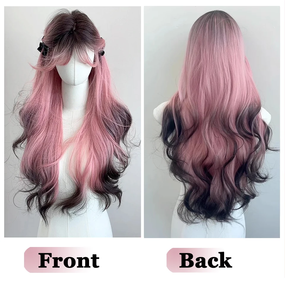 Lolita Pink Gradient Black Wig for Women Long Wavy Hair 70cm Curly Wig with Bangs Cosplay Headband Wigs Synthetic Wigs for Daily