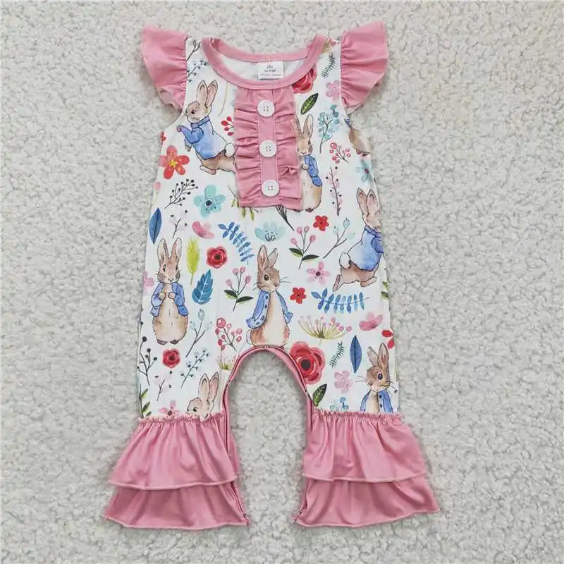 

Wholesale Girls Baby Summer Easter Jumpsuit Multi-Element Pattern Rabbit Color Bright Button Double Layer Ruffle