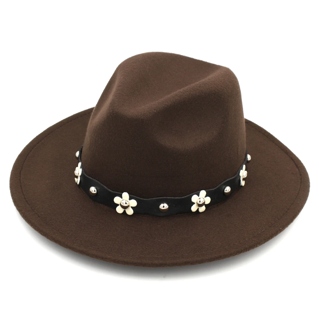 

Fashionable Wide Brim Fedora Hat Panama Cap Chapeau шляпа for Women Ladies Girls w/Flower Studded Leather Belt