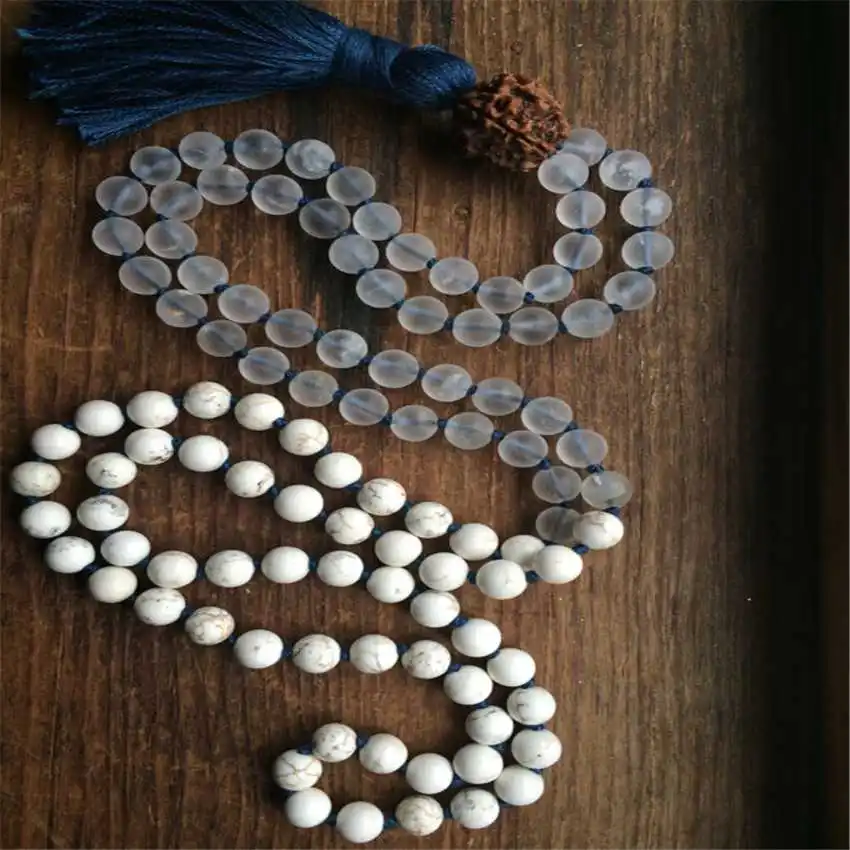 

Natural White Turquoise & Clear Quartz 108 Beads Mala Necklace with Rudraksha & Blue Tassel Healing Crystal Jewelry