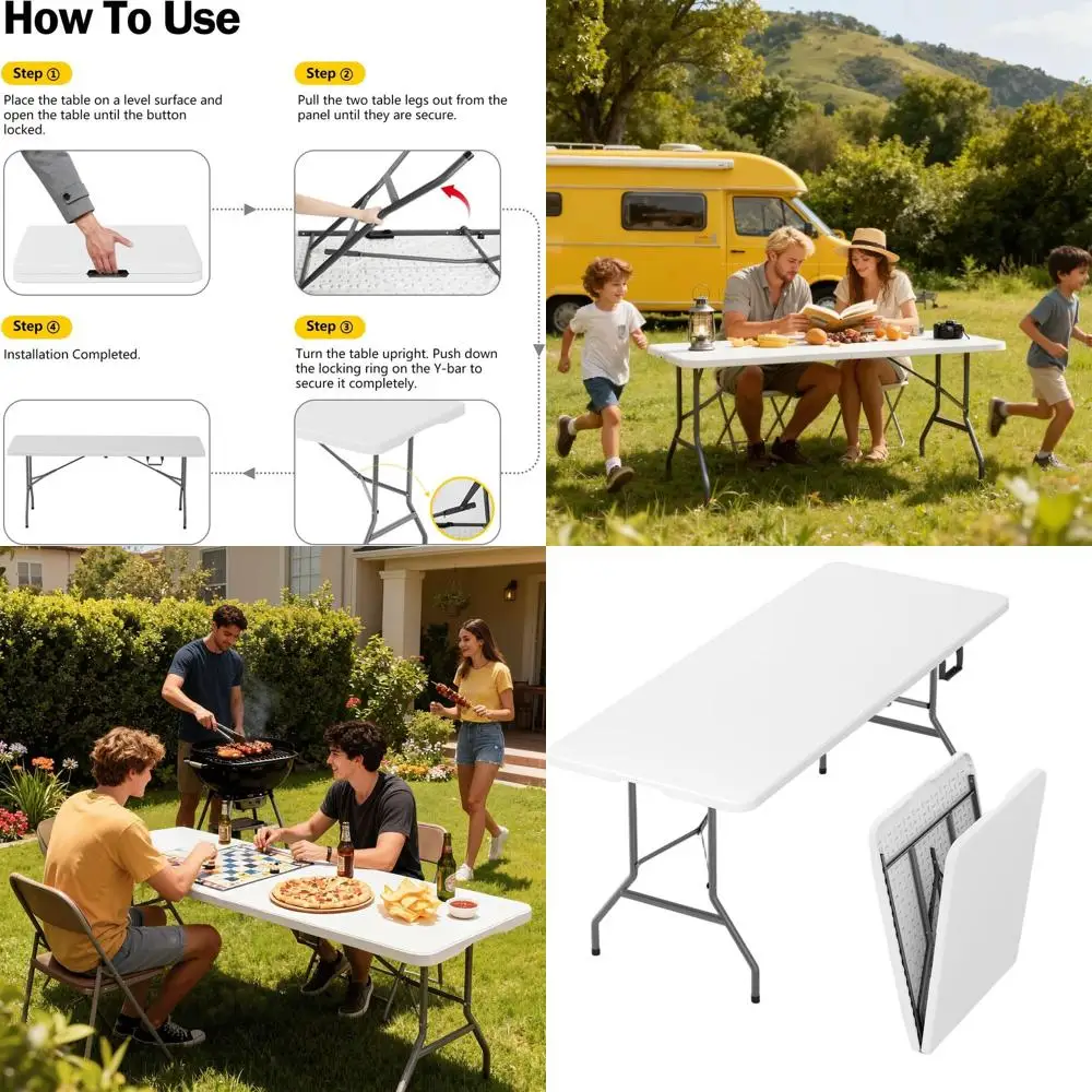 

Portable Heavy-Duty 6-Foot Folding Table with Integrated Handle for Events, Dining, and Outdoor Activities