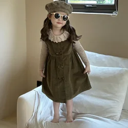Girls Dress 2024 Spring New Small and Medium School Children Fashionable Double Breasted Corduroy Sleeveless Vest Skirt