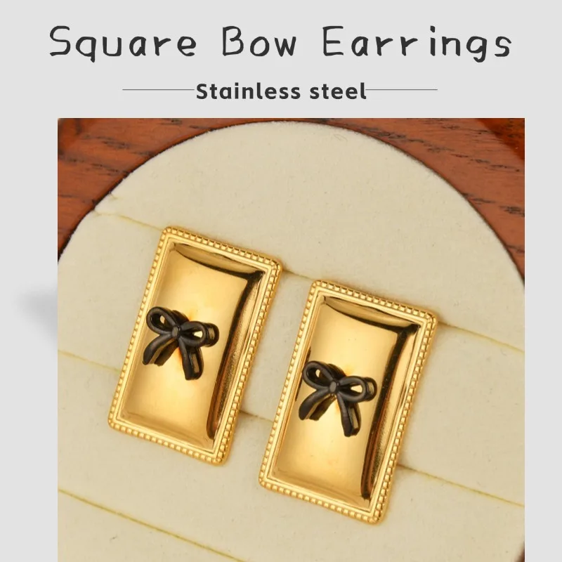 

European American Fashion Gold Color Bow Square Stainless Steel Earrings For Women Temperament Simple Versatile Jewelry Gifts