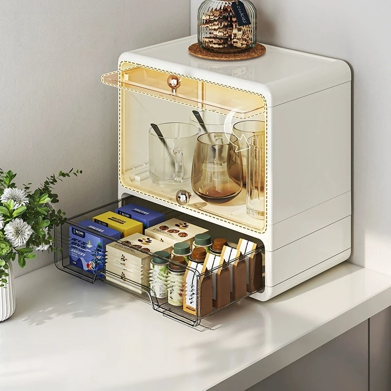 Multi-Layer Storage Rack With Drawers Transparent Dustproof Tea Cup Coffee Holder Stand Cabinet For Dining Countertop Bar Use