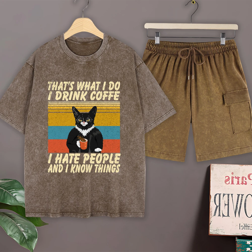 

Cat Drink Coffee Cotton Washed T-Shirts Set Mens Casual Short Sleeve T Shirt Cargo Shorts O-Neck Oversized Tops Summer Clothes