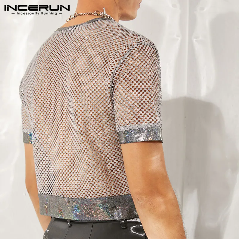 INCERUN Men T Shirt Mesh Patchwork See Through O-neck Short Sleeve Sexy Crop Tops Streetwear Party Nightclub Casual Camisetas