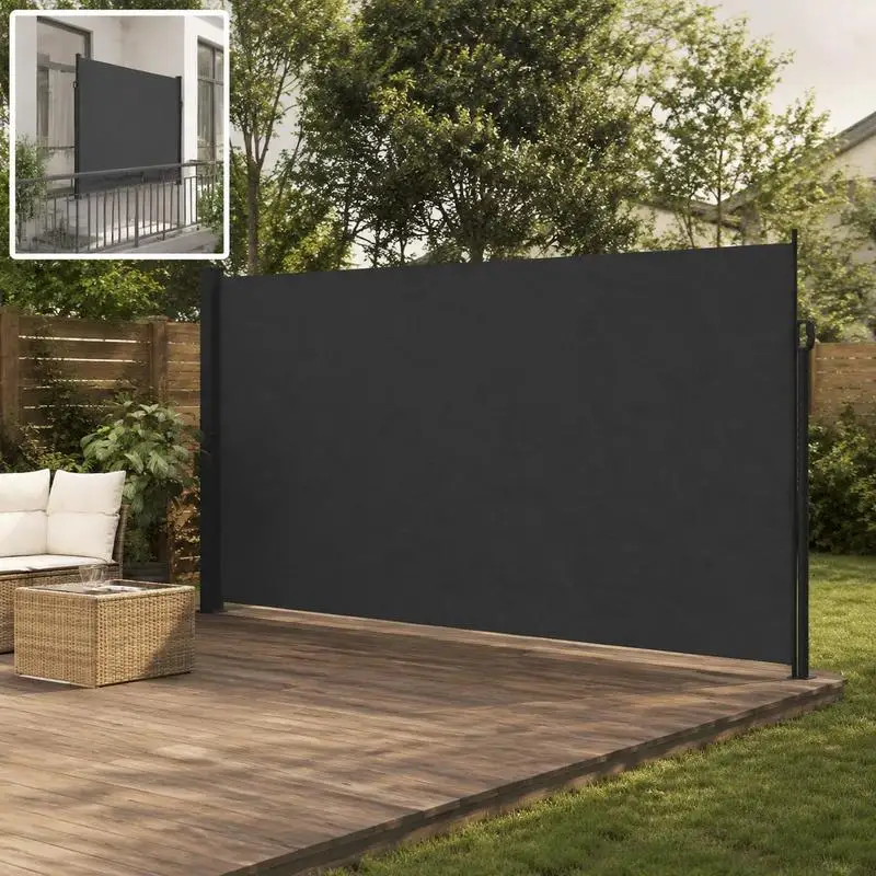 Auvent latéral rétractable noir 220x600 cm en polyester enduit PU, imperméable, anti-UV, avec structure en acier et aluminium, kit de fixation inclus, brise-vue pour balcon, terrasse, jardin, patio, enroulement automatique résistant au soleil et à la pluie