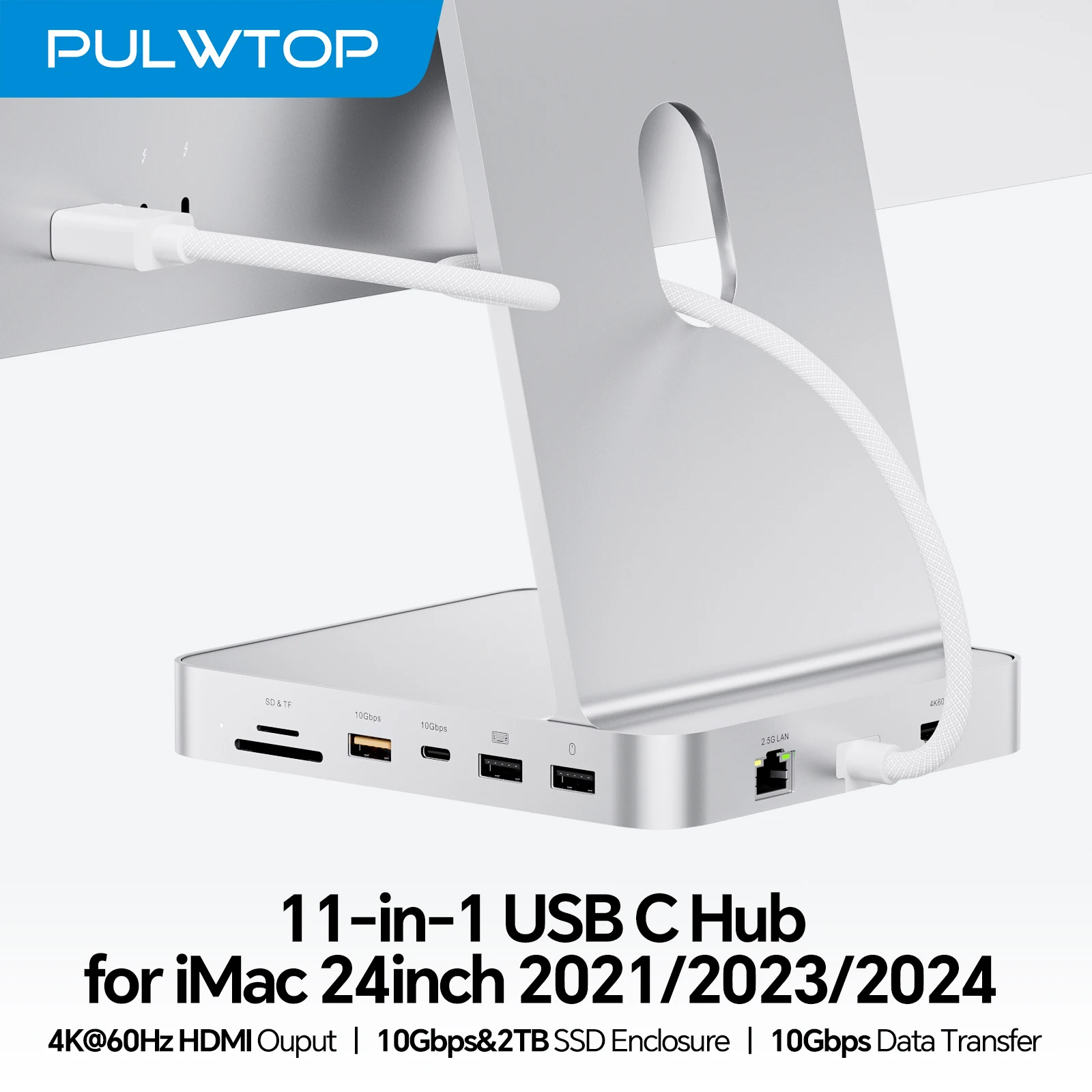 

PULWTOP Upgraded 11 in 1 USB C Hub for iMac 24 inch , Support M.2 SSD(NOT Included), 4K HDMI, Ethernet, USB A/C 10Gbps, SD/TF