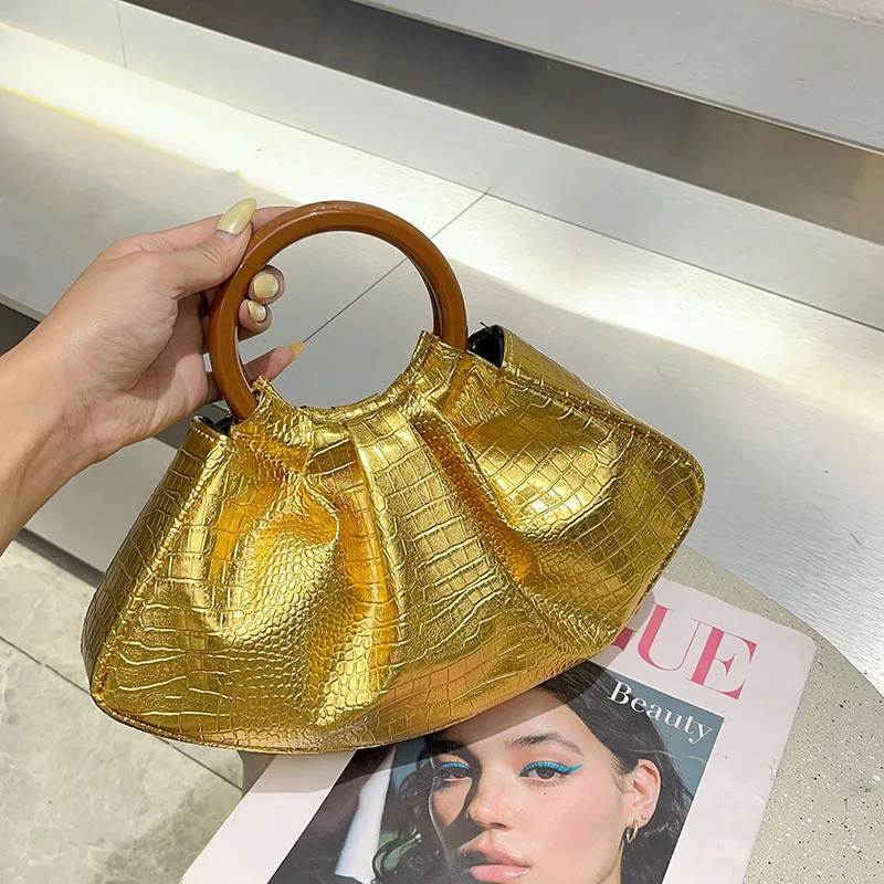 

Новая модная модная текстурированная однотонная сумка на плечо, блестящая плиссированная сумка из кожи аллигатора
