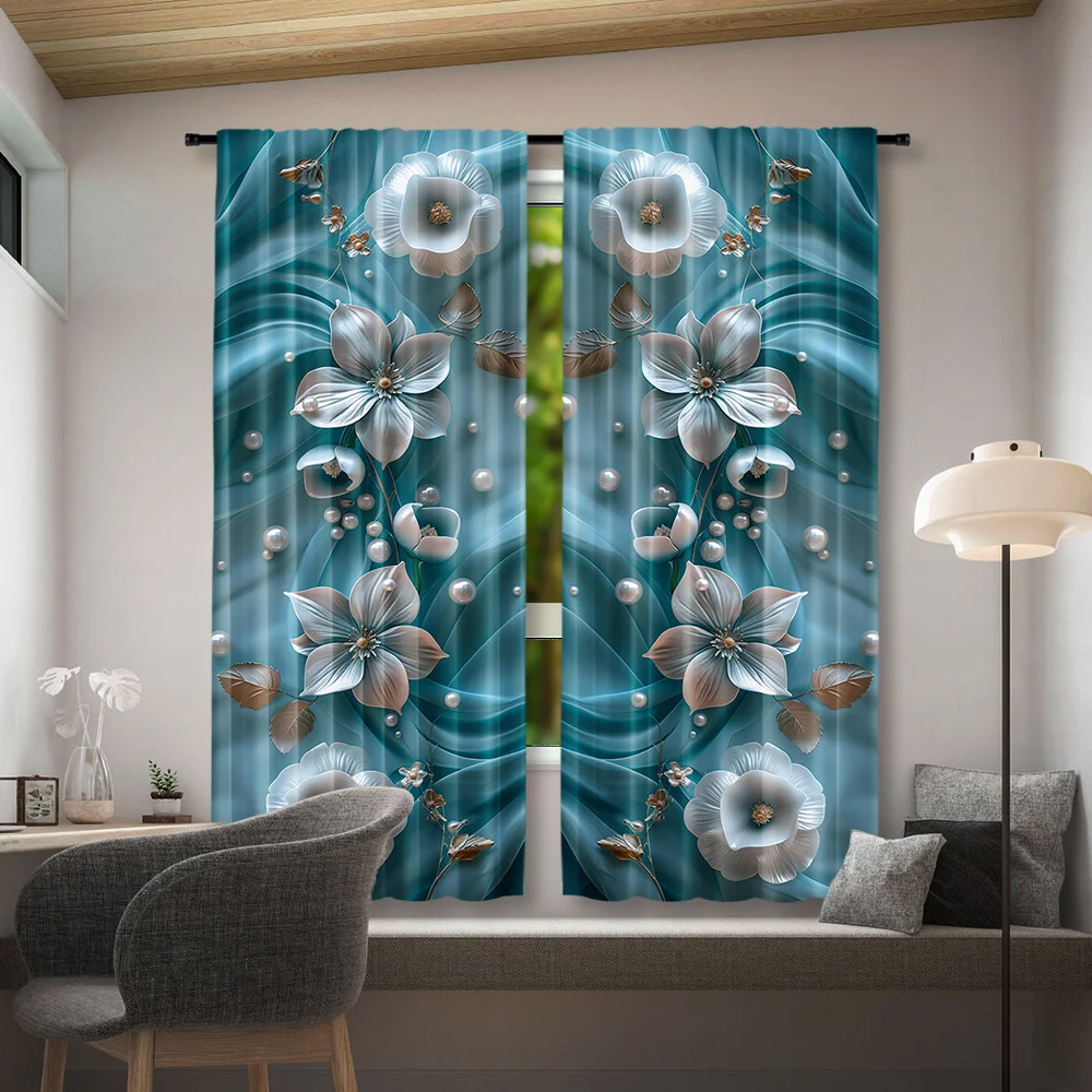 Stereo Pearl White Flower Curtain 2 Panels Soft Cyan Flowing Silk Shiny Metal Foliage Inn Room Curtain High End Lady Bedroom