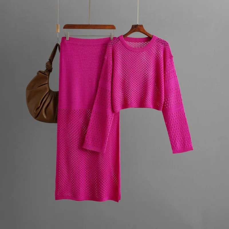 2025, dames lente zomer gebreide holle trui, modejurk, tweedelige set, elegante outfit met lange mouwen, top en rok