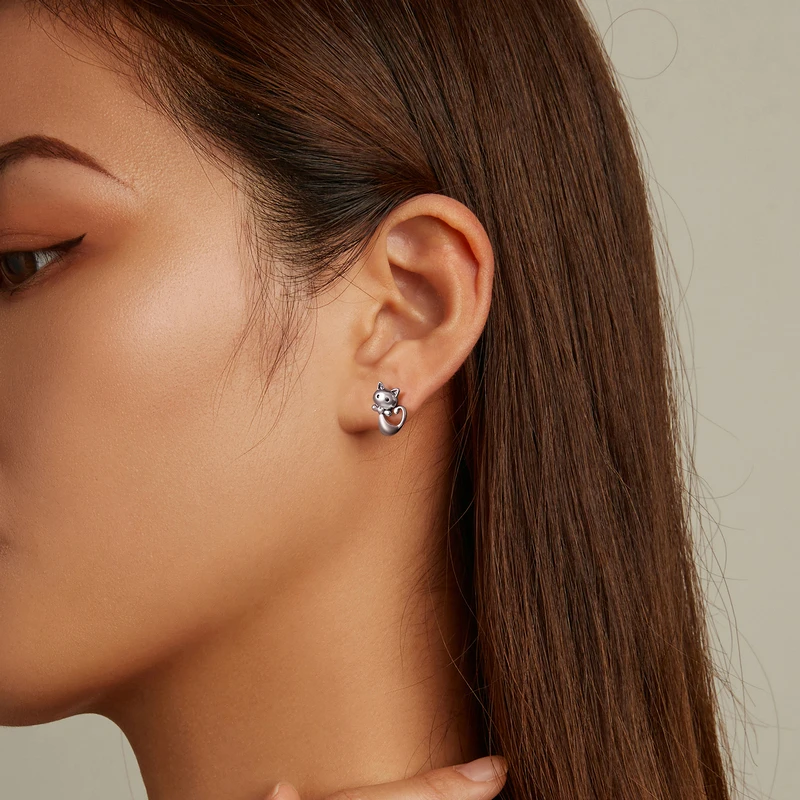 WOSTU Real 100% 925 Sterling Silver Lovely Cat Pet Stud Earrings For Women S925 Silver Earring Fashion Jewelry Gift FIE073