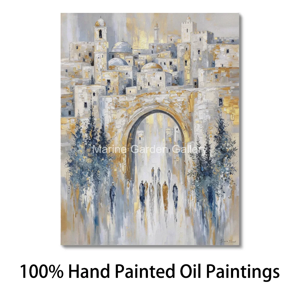 Large Abstract Jerusalem Skyline Oil Painting Hand Painted Textured Old City Figures Jewish Canvas Art Entryway Hallway Decor