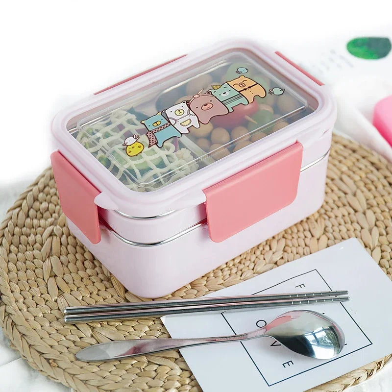 

Cartoon Lunch Box Stainless Steel Double Layer Food Container Portable for Kids Kids Picnic School Bento Box