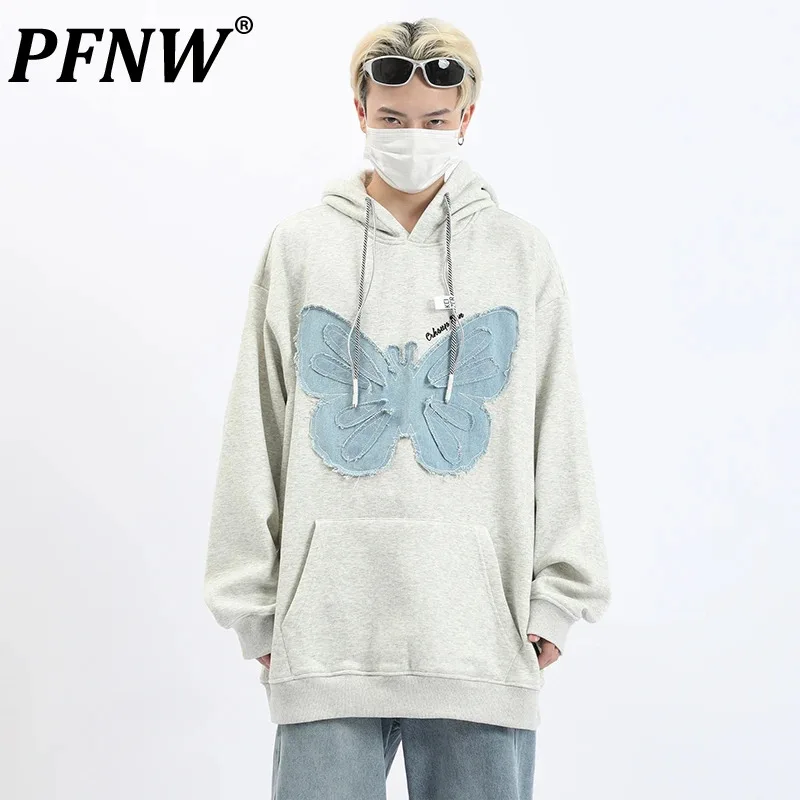 

PFNW Embroidered Denim Patch Design Men's Sweatershirt New High Street Drawstring Loose American Chic Couple Hooded Tops 28W4426