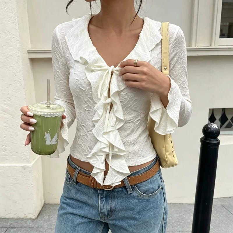 New Chic French Romantic Sweet Women T-shirt Solid Color Fungus Edge Slim-fit Long-sleeved Top Women's Cream Beige Shirt