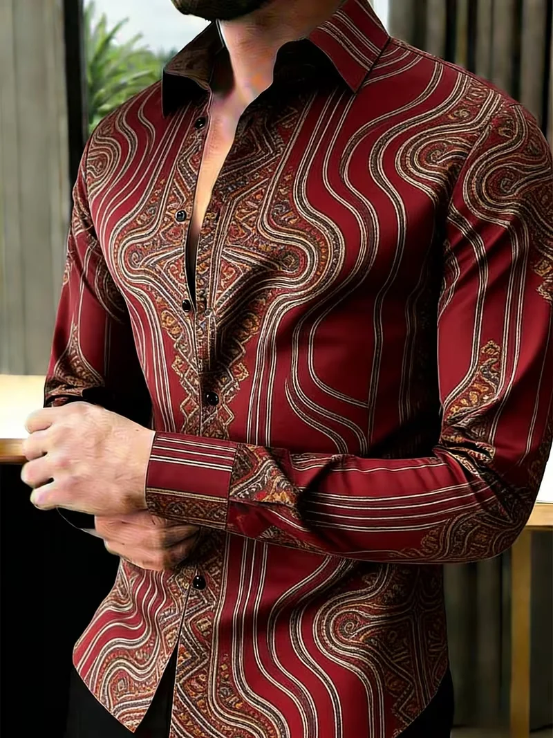 New gold-plated geometric pattern diamond print long sleeved shirt with smooth drape and satin lapel for men
