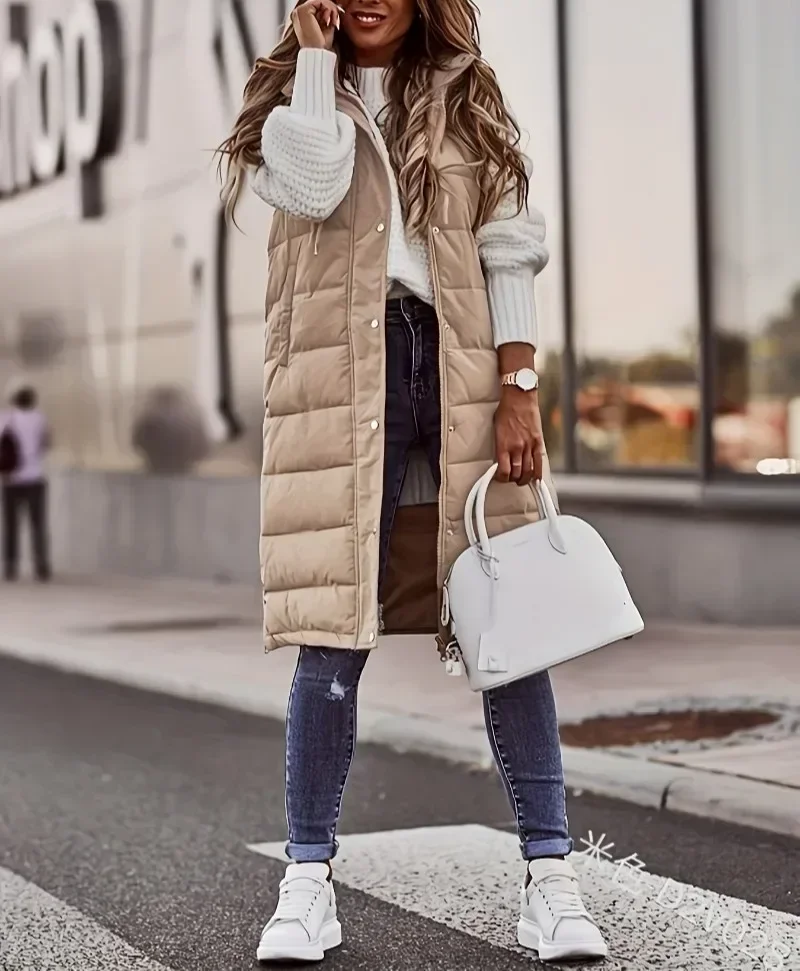 Chic Hooded Zipper Jacket Autumn Winter Women Long Oversize Waistcoat Sleeveless Fashion Warm Quilted Vest Down Coat