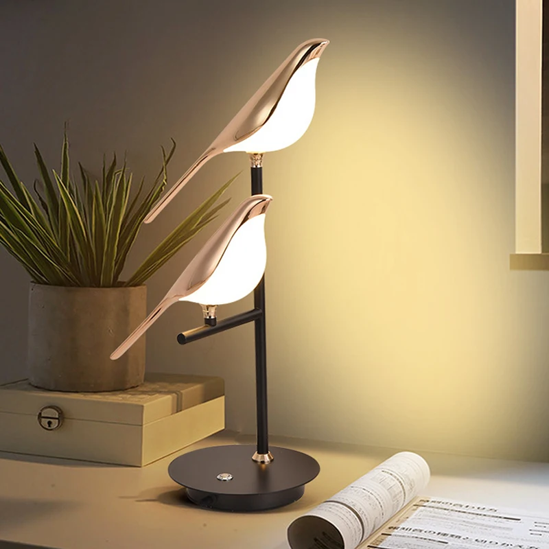 Lámpara de mesa LED moderna, lámpara de lectura de modelo de pájaro Urraca, iluminación interior, dormitorio, mesita de noche, sala de estar,