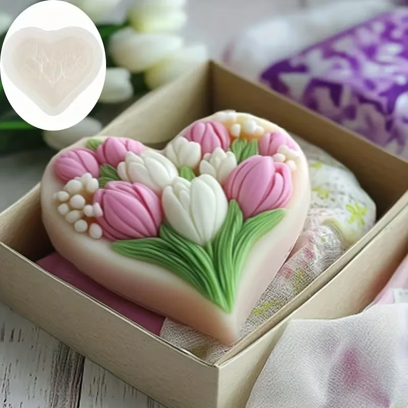 3D heart-shaped tulip silicone mold with clear texture, easy to clean and demould, for handmade DIY soap decoration ornaments Va view 4