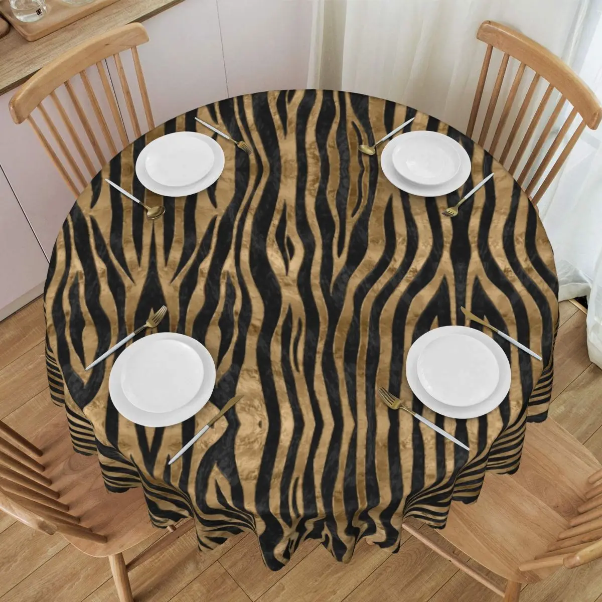 Custom Tiger Faux Fur Texture Black Abalone And Gold Round Tablecloths 60 Inch Animal Texture Table Covers for Table Cloth