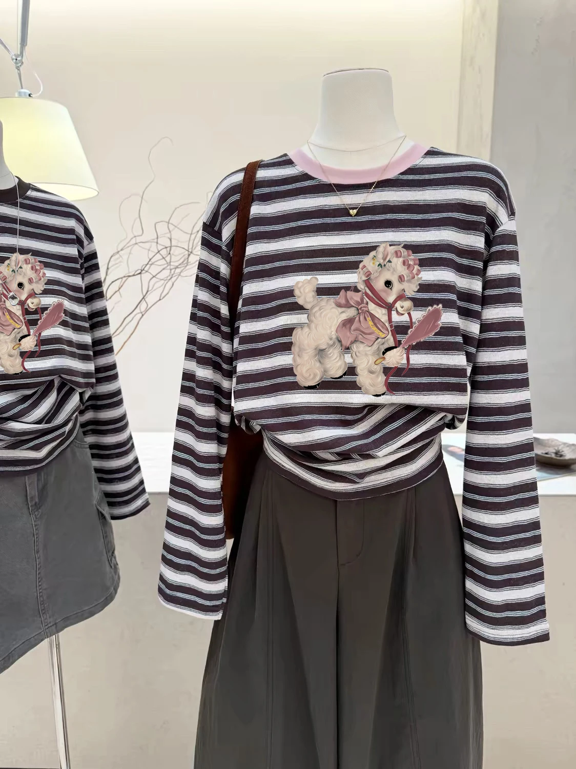 Retro Striped Print Long Sleeve T-Shirt Women's Loose Fit round Neck Slimming Versatile Youthful Cover up Top for Autumn