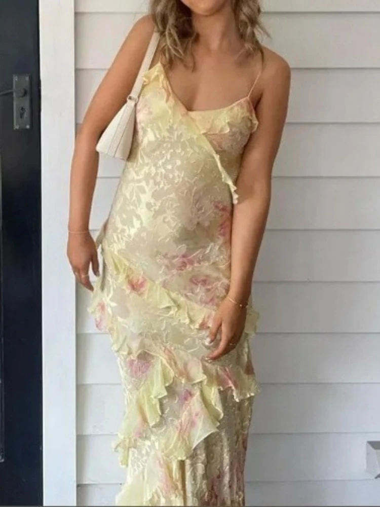 Novo vestido longo feminino com decote em v, babado, slim, moda, sem mangas, estampa floral, suspensório, casual, costas nuas, verão, praia